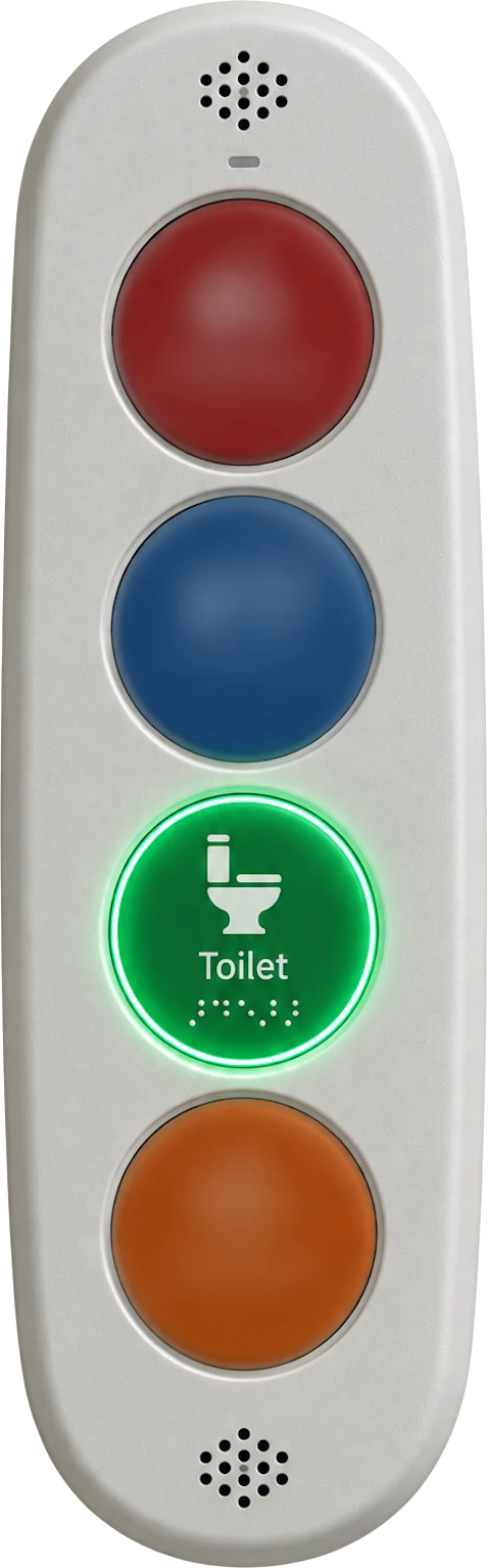 The AIM bedside unit mounted on a wall, with the toilet button lit.